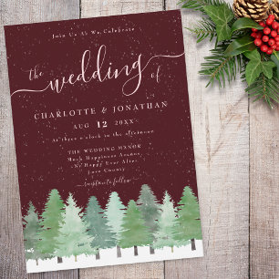 Modern Woodland Burgundy Blush Pink Winter Wedding Invitation