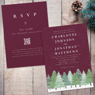 Modern Woodland Burgundy QR Code Winter Wedding Invitation