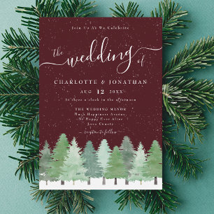 Modern Woodland Forest Burgundy Winter Wedding Invitation