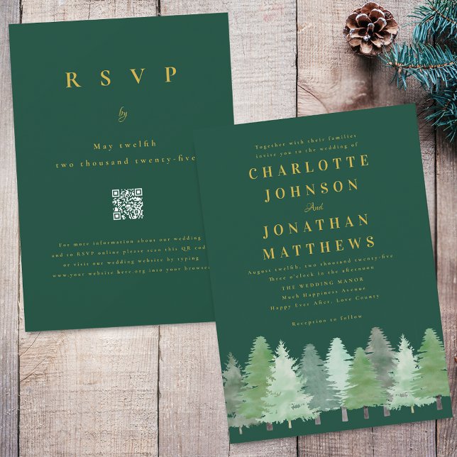 Modern Woodland Forest Green Gold QR Code Wedding Invitation (Modern Woodland forest dark green and gold wedding qr code invitation Watercolor evergreen trees)