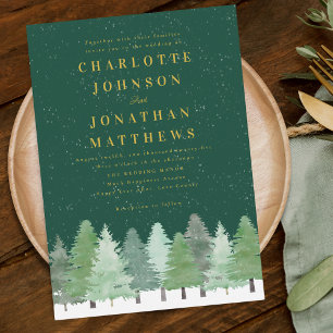 Modern Woodland Forest Green Gold Winter Wedding Invitation
