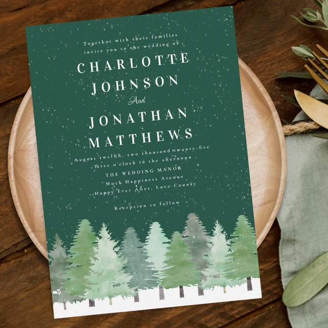 Modern Woodland Forest Green Winter Wedding Invitation (Watercolor forest snowy Woodland green winter wedding invitation)