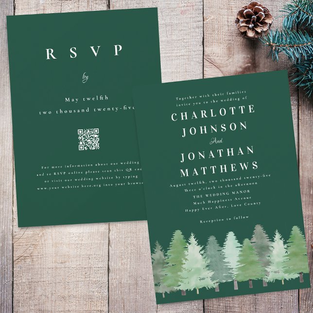 Modern Woodland Forest QR Code Green Wedding Invitation (Modern Woodland forest dark green and white wedding qr code invitation Watercolor evergreen trees)