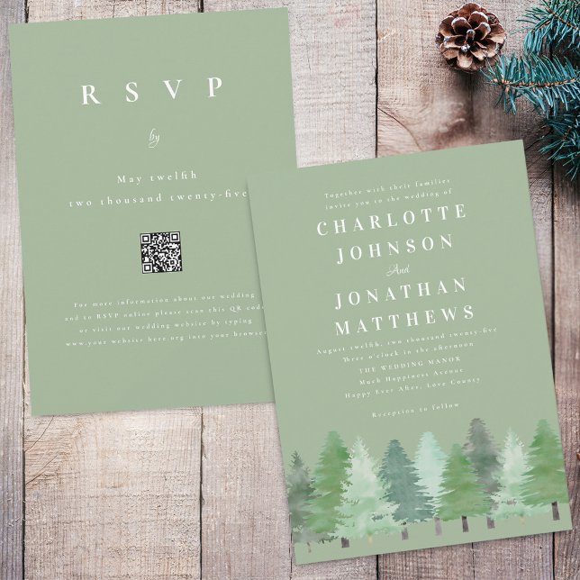 Modern Woodland Forest QR Code Sage Green Wedding Invitation (Modern watercolor Woodland pine forest sage green wedding qr code invitation Simple evergreen trees)