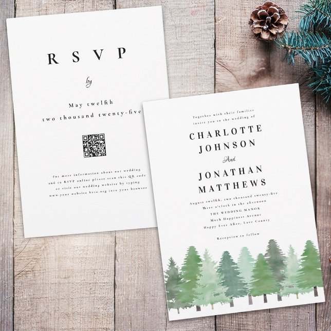 Modern Woodland Forest QR Code Winter Wedding Invitation (Modern watercolor Woodland pine forest qr code wedding invitation)