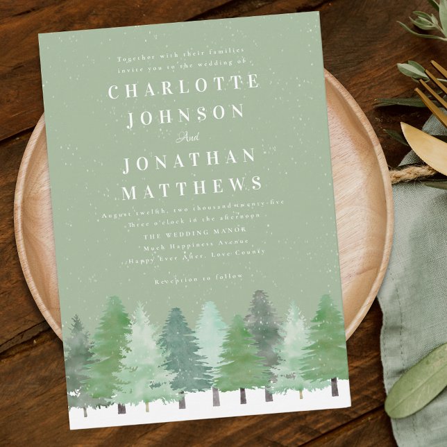 Modern Woodland Forest Sage Green Winter Wedding Invitation (Modern watercolor Woodland forest sage green winter wedding invitation)