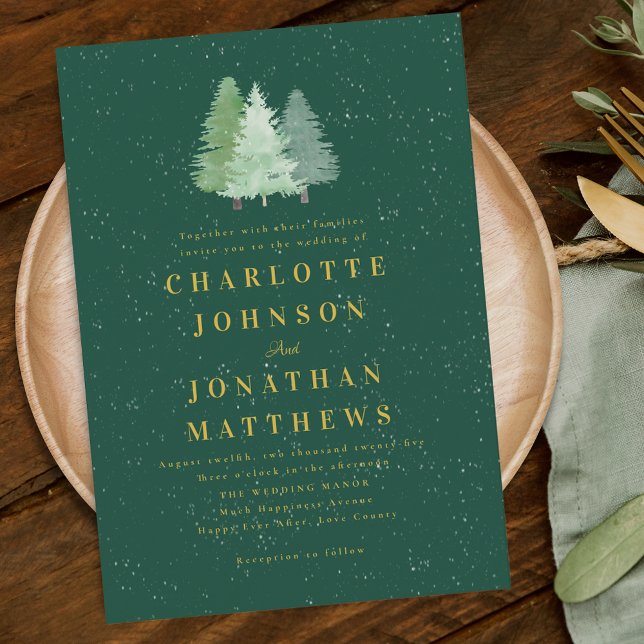 Modern Woodland Forest Winter Green Gold Wedding Invitation (Modern woodland watercolor forest winter green and gold wedding invitation elegant )