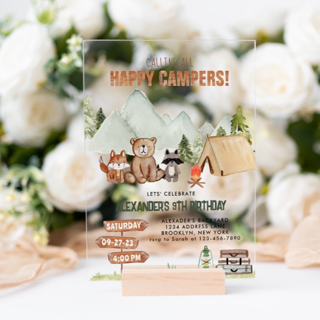 Modern Woodland Happy Camper Camping Kids Birthday Acrylic Invitations (Creator Uploaded)