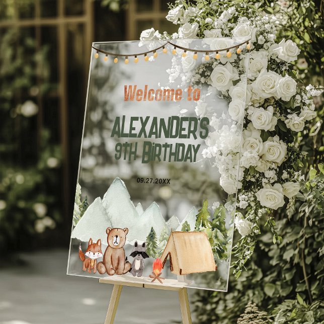 Modern Woodland Happy Camper Camping Kids Birthday Acrylic Sign (Creator Uploaded)