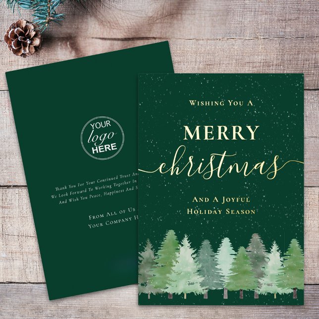 Modern Woodland Snow Christmas Business Logo Gold Foil Holiday Card (Modern watercolor woodland snow scene business logo christmas green and gold foil holiday card)