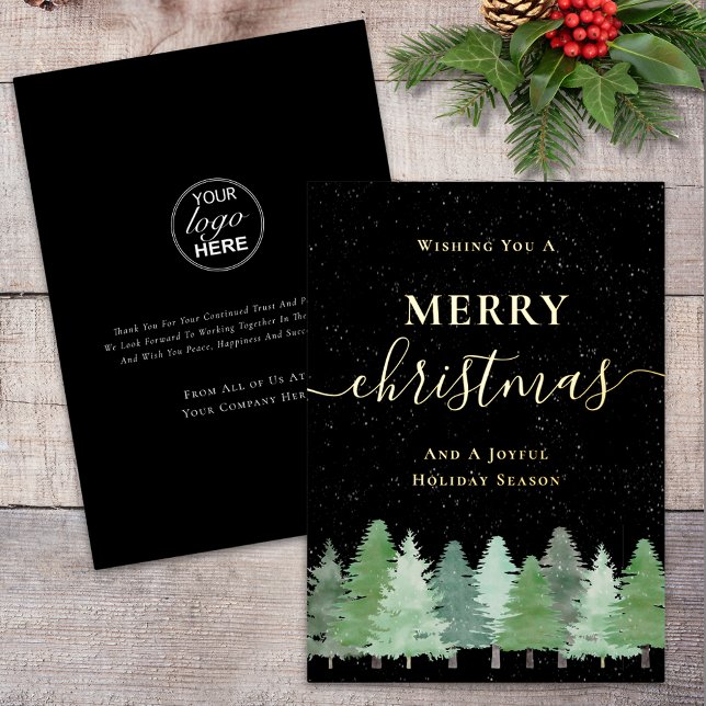 Modern Woodland Snow Company Logo Black & Gold Foil Holiday Card (Modern woodland snow merry Christmas company logo black and elegant script gold foil holiday card)