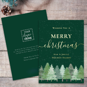 Modern Woodland Snow Your Company Logo Green Gold Foil Holiday Card