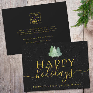 Modern Woodland Snow Your Logo Black Gold Business Holiday Card