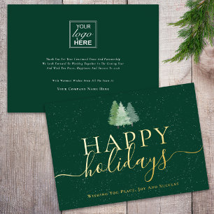 Modern Woodland Snow Your Logo Green & Gold Foil Holiday Card