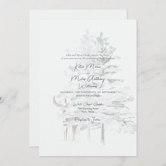 Modern Woodland Watercolor Trees & Deer Wedding  Invitation (Front/Back)