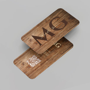 Modern Woodworking Monogram Teak Wood Initials QR Business Card