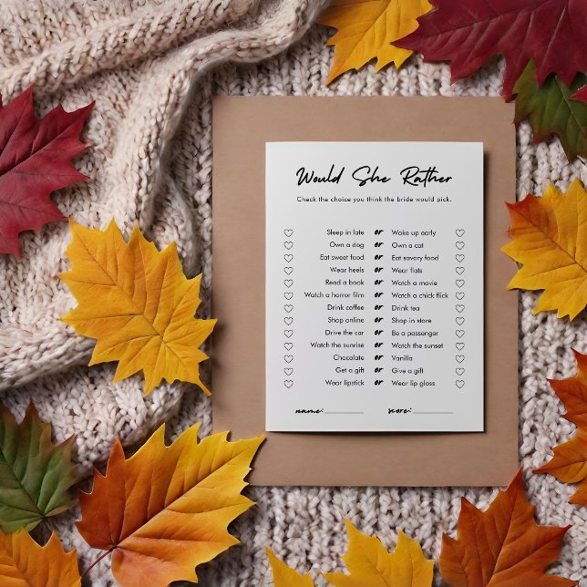 Modern Would She Rather Bridal Shower Game Card (Creator Uploaded)