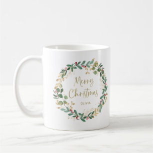 Modern Wreath and Gold Script   Merry Christmas Coffee Mug