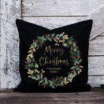 Modern Wreath and Script Black | Merry Christmas Cushion<br><div class="desc">This simple and stylish holiday pillow features a stunning watercolor wreath with green and faux gold leaves and red holly berries,  and gold modern script typography that says "Merry Christmas" on a dark black background.</div>