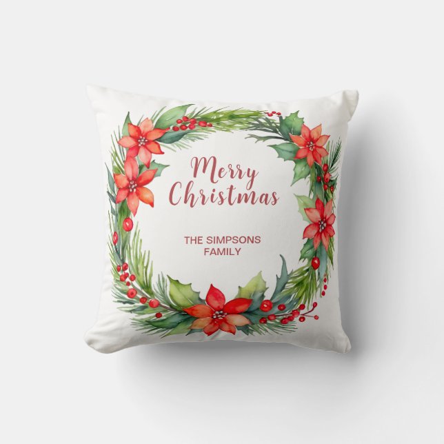 Modern Wreath and Script Merry Christmas  Cushion (Front)