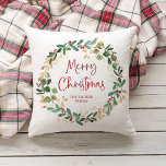 Modern Wreath and Script | Merry Christmas Cushion<br><div class="desc">This simple and stylish holiday pillow features a stunning watercolor wreath with green and faux gold leaves and red holly berries,  and red modern script typography that says "Merry Christmas" on a white background.</div>