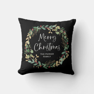 Modern Wreath and Script Merry Christmas Cushion