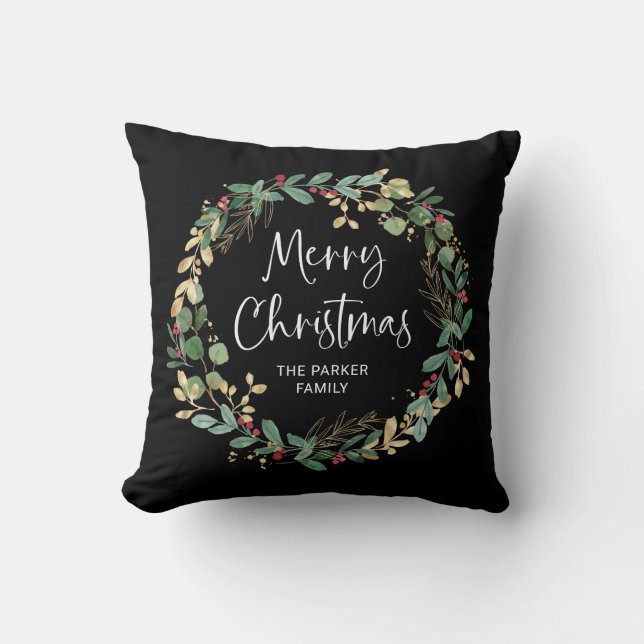 Modern Wreath and Script | Merry Christmas Cushion (Front)