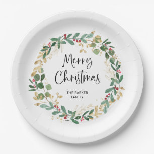 Modern Wreath and Script Merry Christmas Paper Plate