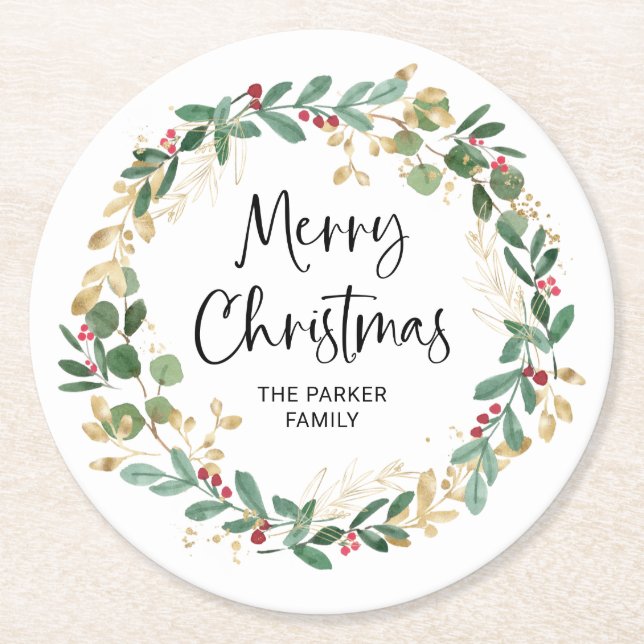 Modern Wreath and Script | Merry Christmas Round Paper Coaster (Front)