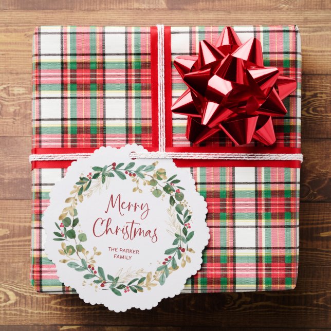 Modern Wreath and Script | Merry Christmas Tree Decoration Card (Insitu (Gift))