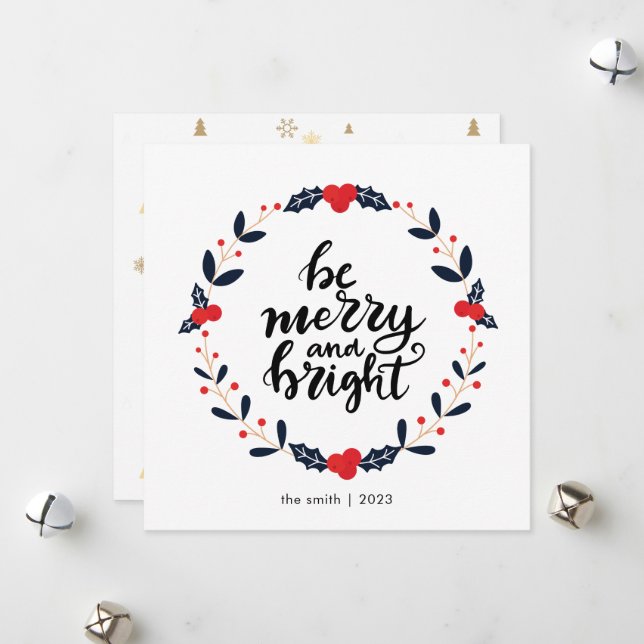 Modern Wreath Berry Be Merry and Bright Christmas Holiday Card (Front/Back In Situ)