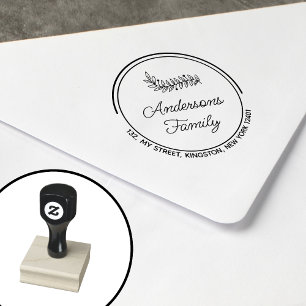 Modern Wreath Family Name Leaf Rubber Stamp