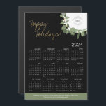 Modern Wreath Gold black Your Logo 2024 Calendar<br><div class="desc">Extend your Holiday greetings and thank your clients, employees and customers with these modern and customisable Christmas Corporate Holiday magnetic 2024 calendar cards. Replace the logo with your own branding, personalise the message, Featuring my modern wreath illustration in gold, green and white and the words "Happy Holidays" in a gold...</div>
