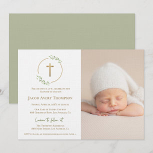 Modern Wreath Gold Cross Baby baptism Photo green Invitation
