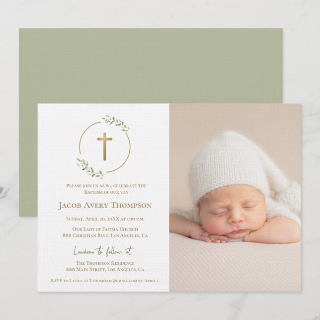 Modern Wreath Gold Cross Baby baptism Photo green Invitation (Front/Back)