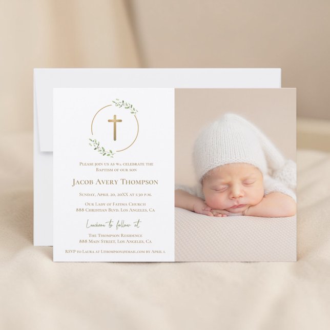 Modern Wreath Gold Cross Baby baptism Photo green Invitation (Customizable photo baptism with gold cross, and greenery wreath)