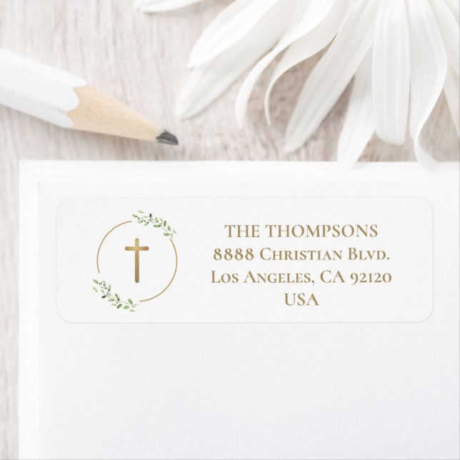 Modern Wreath Gold cross Baptism Return address Label (Insitu)