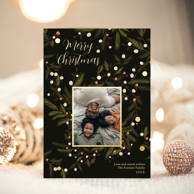 Modern wreath green Christmas family 4 photos Foil Holiday Card (Modern wreath green Christmas family 4 photos Foil Holiday Card)