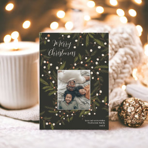 Modern wreath green Christmas family 4 photos Holiday Card