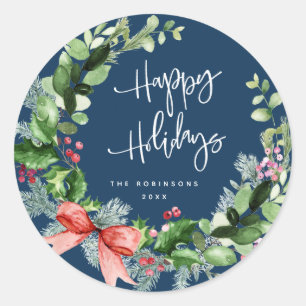 Modern wreath happy holidays classic round sticker