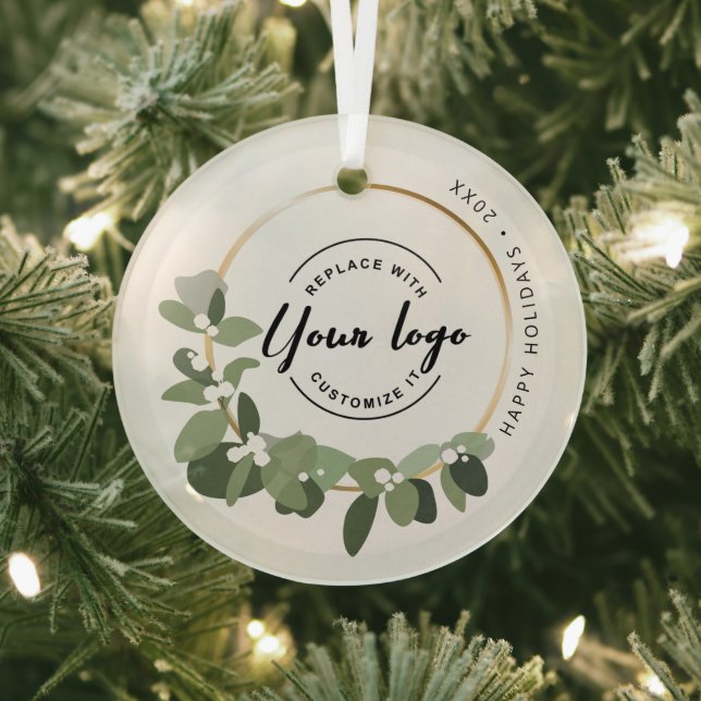 Modern Wreath Happy Holidays Custom Logo Ornament (Insitu)