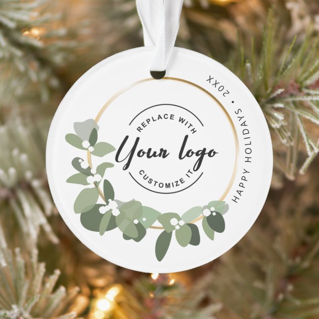 Modern Wreath Happy Holidays Your Logo Promotional Ornament (Tree)