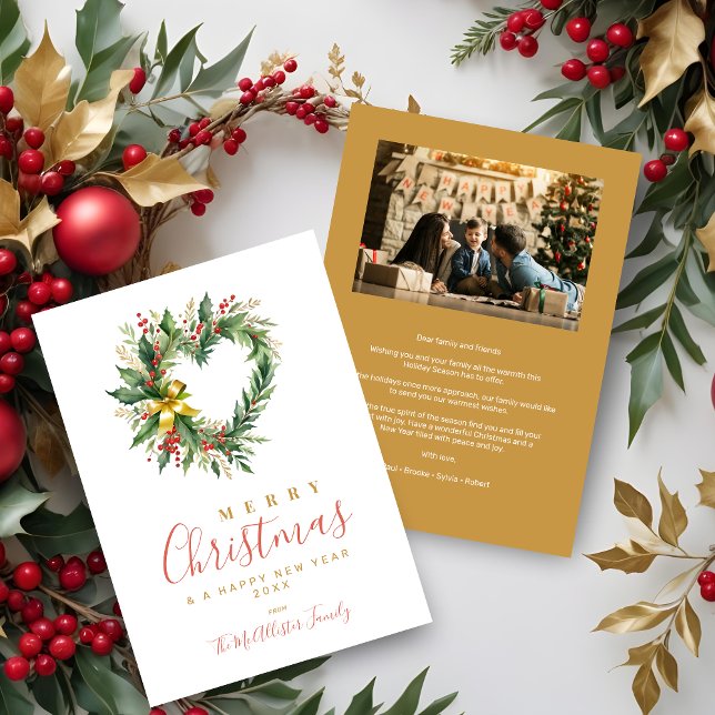 Modern Wreath Heart-Shape Merry Christmas Photo (Modern Wreath Heart-Shape Merry Christmas Poinsettias Photo Script Typography Holidays Cards.)