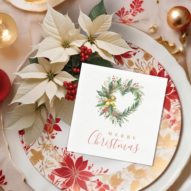 Modern Wreath Heart-Shape Merry Christmas Script Napkin (Modern Wreath Heart-Shape Merry Christmas Poinsettias Script Typography Holidays Napkins.)