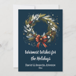 Modern Wreath in Green, Grey, Blue, Watercolor Holiday Card