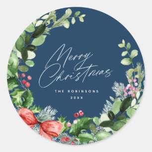 Modern wreath merry christmas classic round sticker