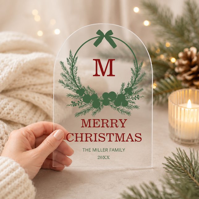 Modern Wreath Monogram Merry Christmas  Acrylic Invitations (Modern Wreath Monogram Merry Christmas Acrylic Invitations)