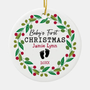 Modern Wreath Red Green Baby's First Christmas Ceramic Ornament