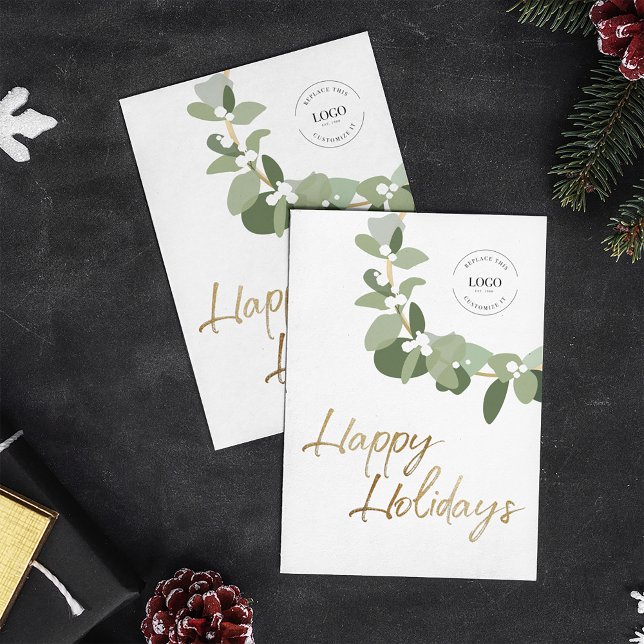 Modern Wreath White on Happy Holidays Your Logo Holiday Card (Customizable business logo happy holidays gold with modern wreath christmas card.)
