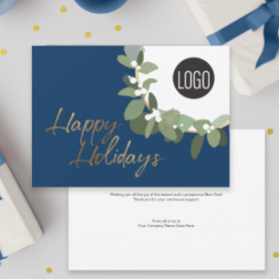 Modern Wreath Your Logo gold Happy Holidays Blue Holiday Card